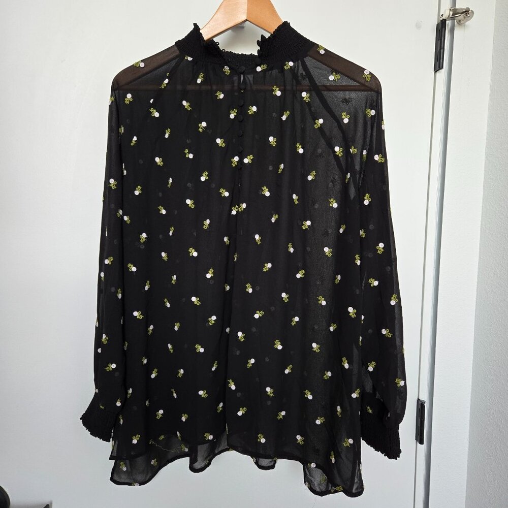 CAbi Style 5338 Sheer Black & White Embroidered Flowers Alegria Blouse Size L